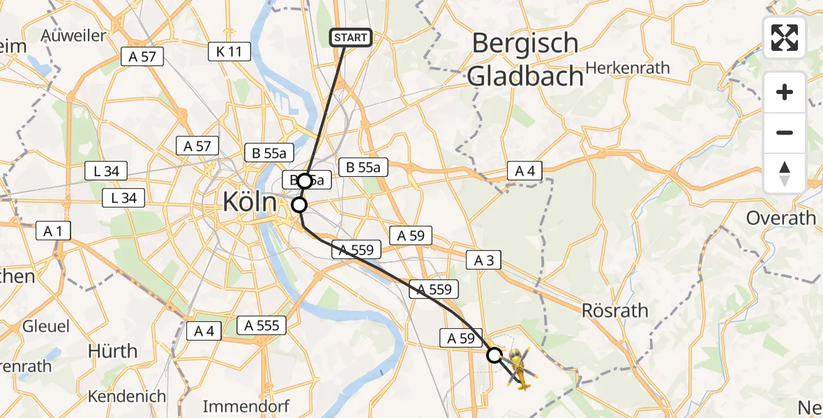 Flugroute Ambulanzhubschrauber Köln - Köln Bonn Flughafen, 09 Mai 2026, 20:24