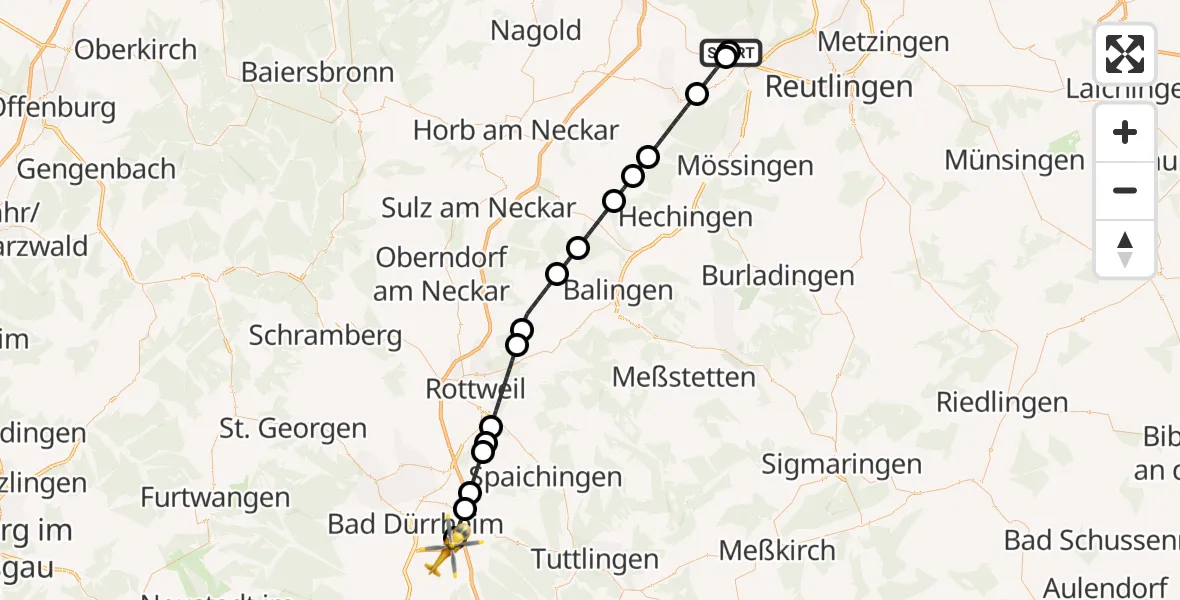 Flugroute Rettungshubschrauber Tübingen University Hospital - Bad Dürrheim, 09 Mai 2026, 20:26