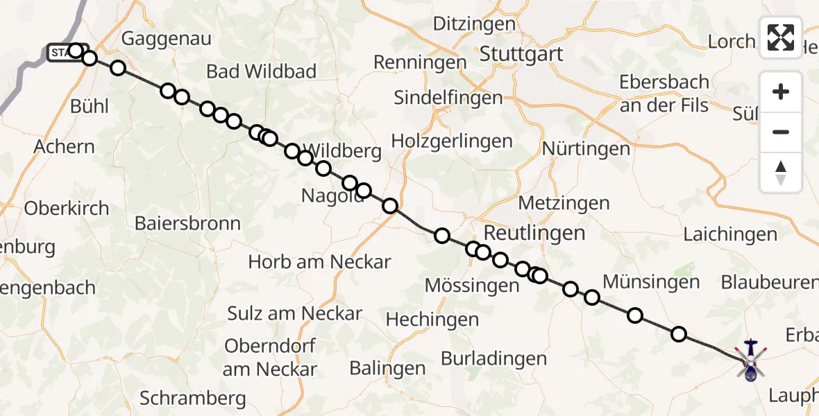 Flugroute Polizeihubschrauber Karlsruhe Baden-Baden Flughafen - Ehingen (Donau), 09 Mai 2026, 20:41