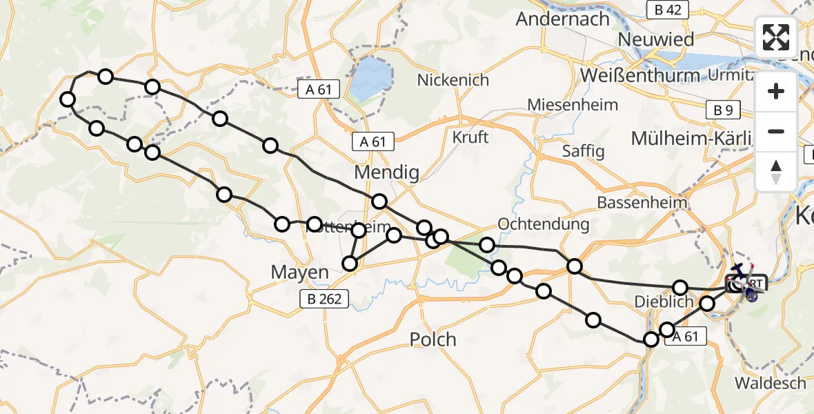 Flugroute Polizeihubschrauber Koblenz-Winningen Flugplatz - Koblenz-Winningen Flugplatz, 09 Mai 2026, 20:57
