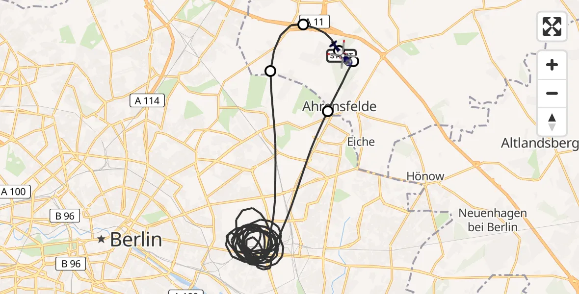 Flugroute Polizeihubschrauber Ahrensfelde Hubschrauberlandeplatz - Ahrensfelde Hubschrauberlandeplatz, 09 Mai 2026, 21:22