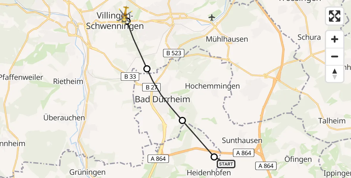 Flugroute Rettungshubschrauber Bad Dürrheim - DRF Air Rescue Station Villingen-Schwenningen Hubschrauberlandeplatz (Christoph 11), 09 Mai 2026, 21:25