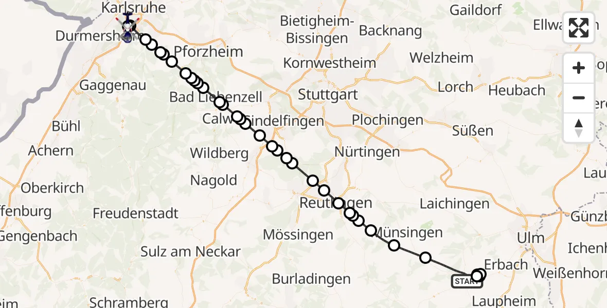 Flugroute Polizeihubschrauber Ehingen (Donau) - Ettlingen, 09 Mai 2026, 21:28
