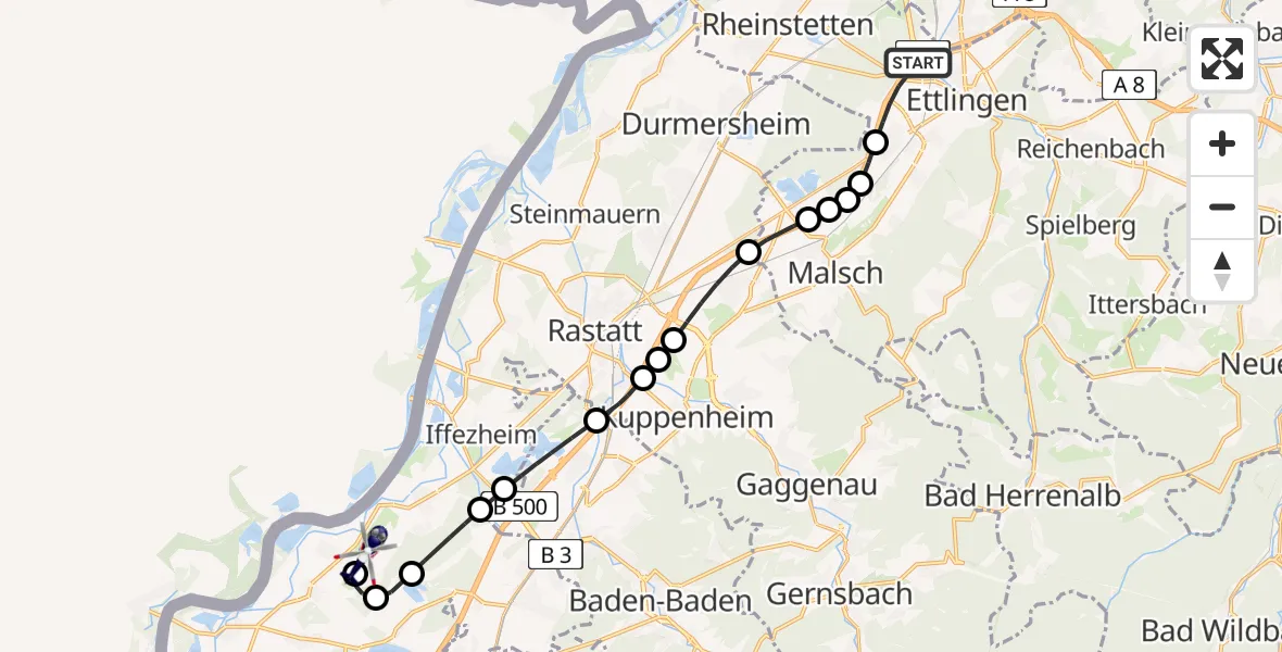 Flugroute Polizeihubschrauber Ettlingen - Karlsruhe Baden-Baden Flughafen, 09 Mai 2026, 22:49