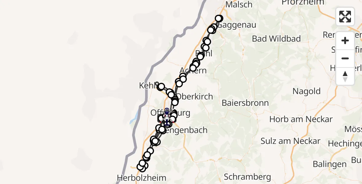 Flugroute Polizeihubschrauber Offenburg-Baden Flugplatz - Offenburg-Baden Flugplatz, 09 Mai 2026, 23:35
