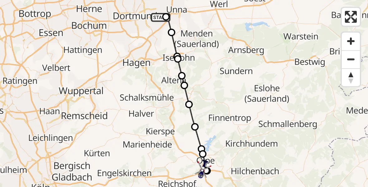 Flugroute Polizeihubschrauber Dortmund Flughafen - Olpe, 10 Mai 2026, 00:42