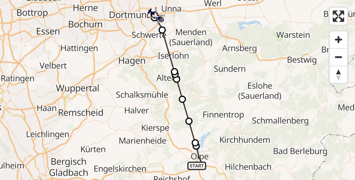 Flugroute Polizeihubschrauber Olpe - Dortmund Flughafen, 10 Mai 2026, 01:38