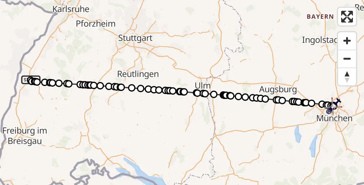 Flugroute Polizeihubschrauber Offenburg-Baden Flugplatz - Oberschleißheim, 10 Mai 2026, 01:52