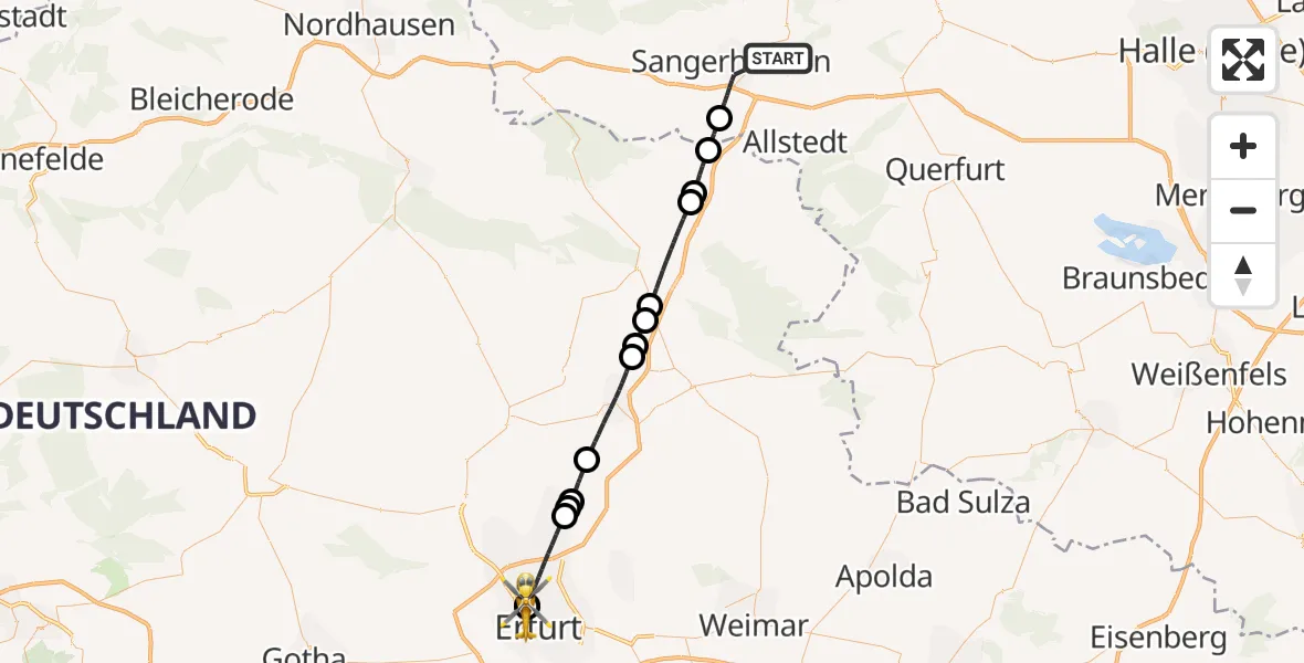 Flugroute Rettungshubschrauber Sangerhausen - Helios Clinic Erfurt, 10 Mai 2026, 05:00