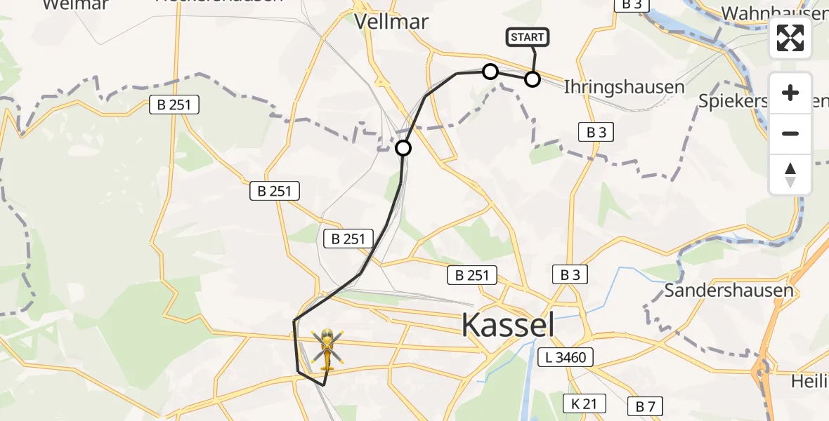 Flugroute Rettungshubschrauber Fuldatal Bundespolizei Hubschrauberlandeplatz - Kassel, 10 Mai 2026, 05:15