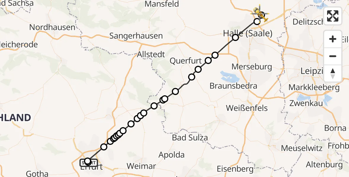 Flugroute Rettungshubschrauber Helios Clinic Erfurt - Halle-Oppin Flugplatz, 10 Mai 2026, 05:43