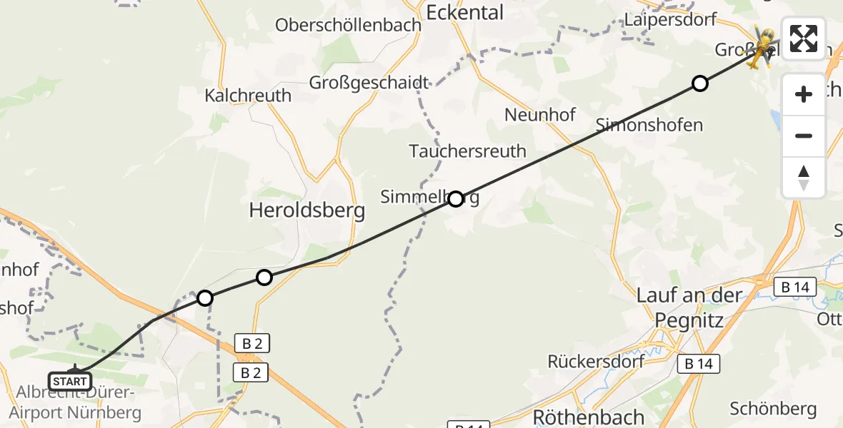 Flugroute Ambulanzhubschrauber Flughafen Nuremberg - Schnaittach, 10 Mai 2026, 06:24