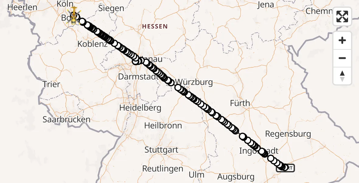 Flugroute Rettungshubschrauber Landshut Flugplatz - Bonn-Hangelar Flugplatz, 10 Mai 2026, 06:35