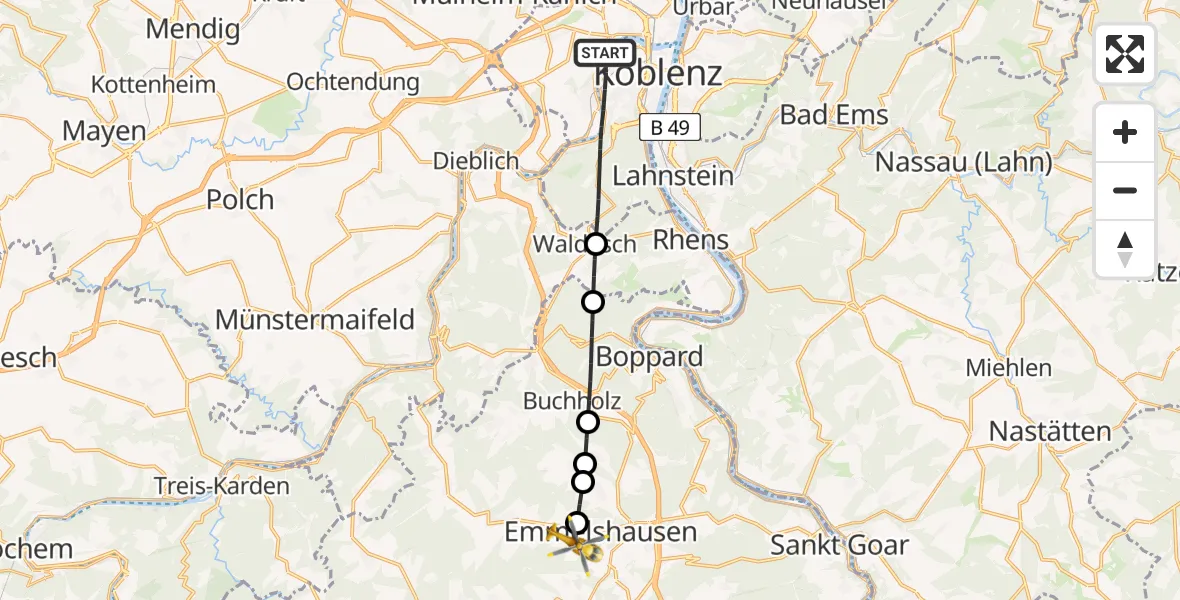 Flugroute Rettungshubschrauber Koblenz - Emmelshausen, 10 Mai 2026, 06:40