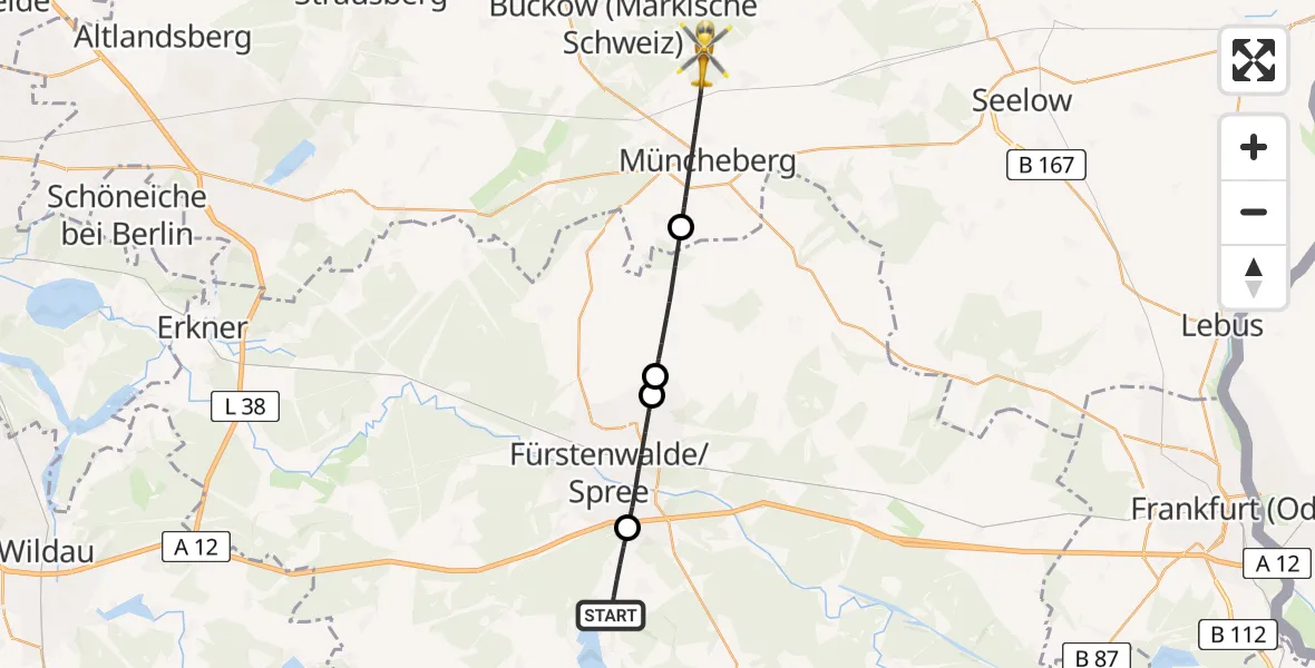 Flugroute Rettungshubschrauber Bad Saarow - Müncheberg, 10 Mai 2026, 07:11