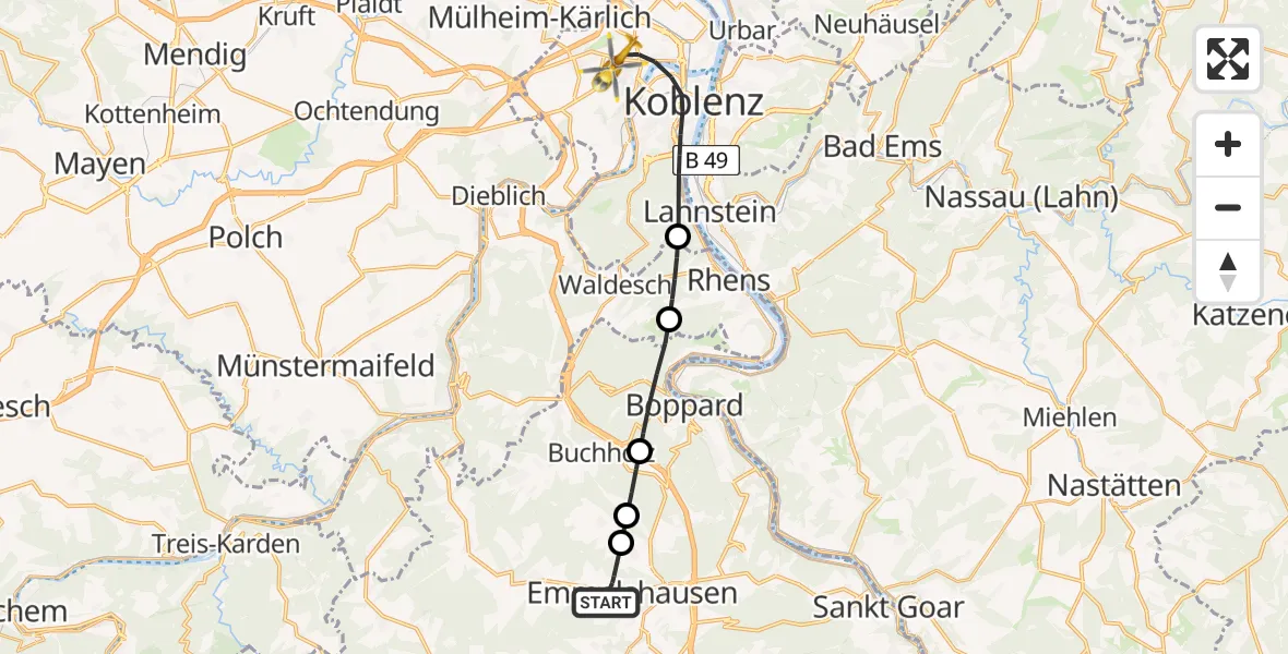 Flugroute Rettungshubschrauber Emmelshausen - Koblenz, 10 Mai 2026, 07:15