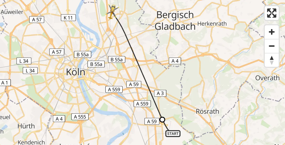 Flugroute Ambulanzhubschrauber Köln Bonn Flughafen - Köln, 10 Mai 2026, 07:20