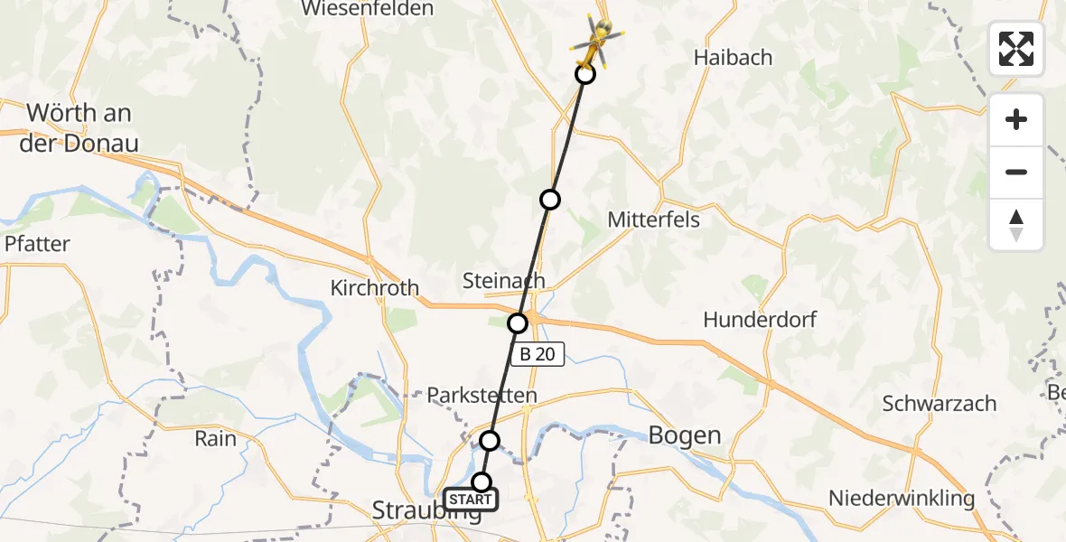 Flugroute Rettungshubschrauber Sankt Elisabeth Hospital Straubing - Rattiszell, 10 Mai 2026, 07:20