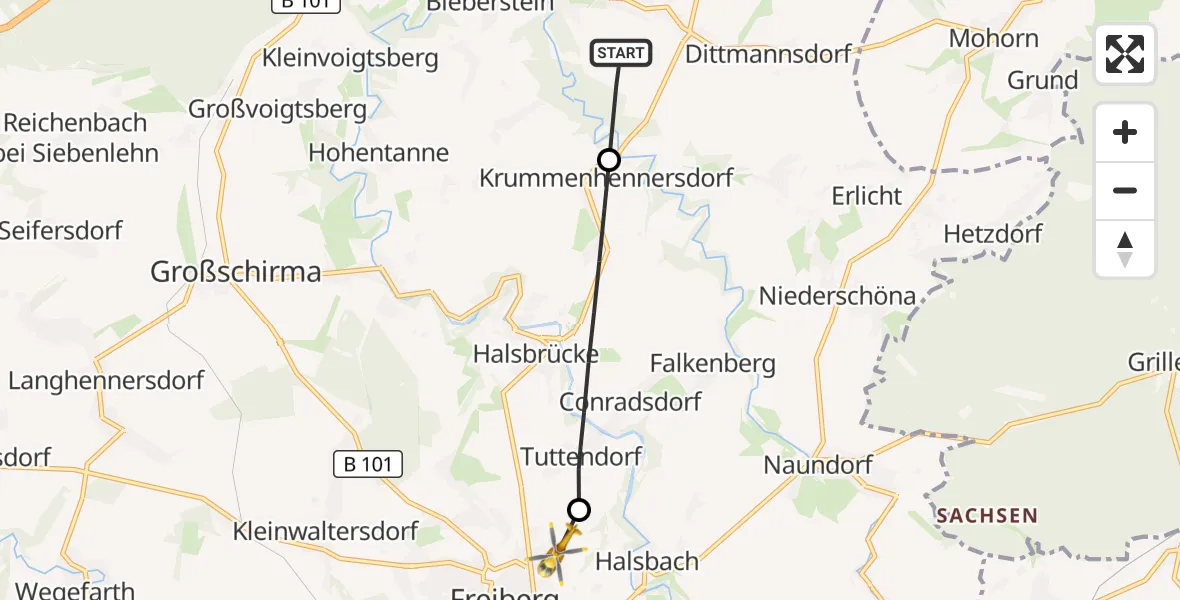 Flugroute Rettungshubschrauber Reinsberg - Freiberg, 10 Mai 2026, 07:23
