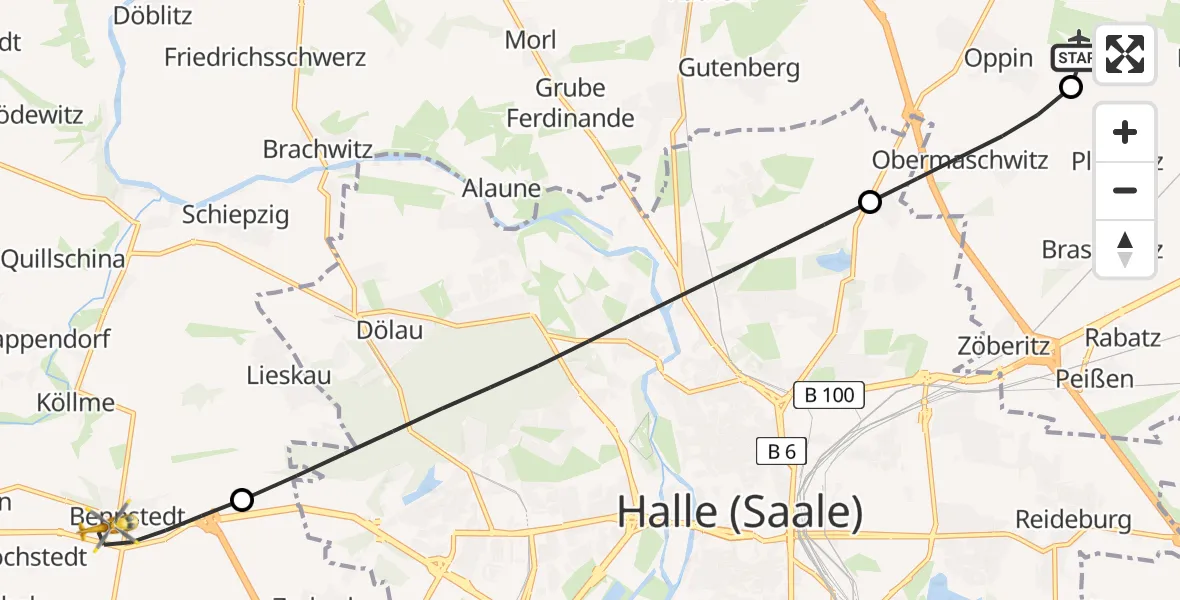 Flugroute Rettungshubschrauber Halle-Oppin Flugplatz - Salzatal, 10 Mai 2026, 07:27