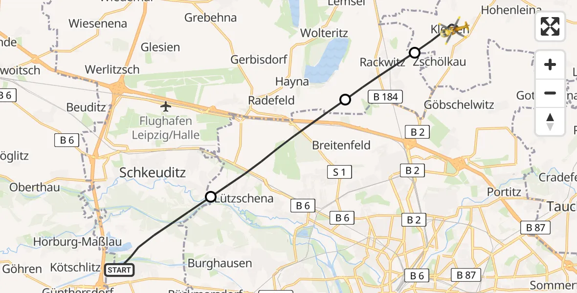 Flugroute Rettungshubschrauber Schkeuditz - Krostitz, 10 Mai 2026, 07:27