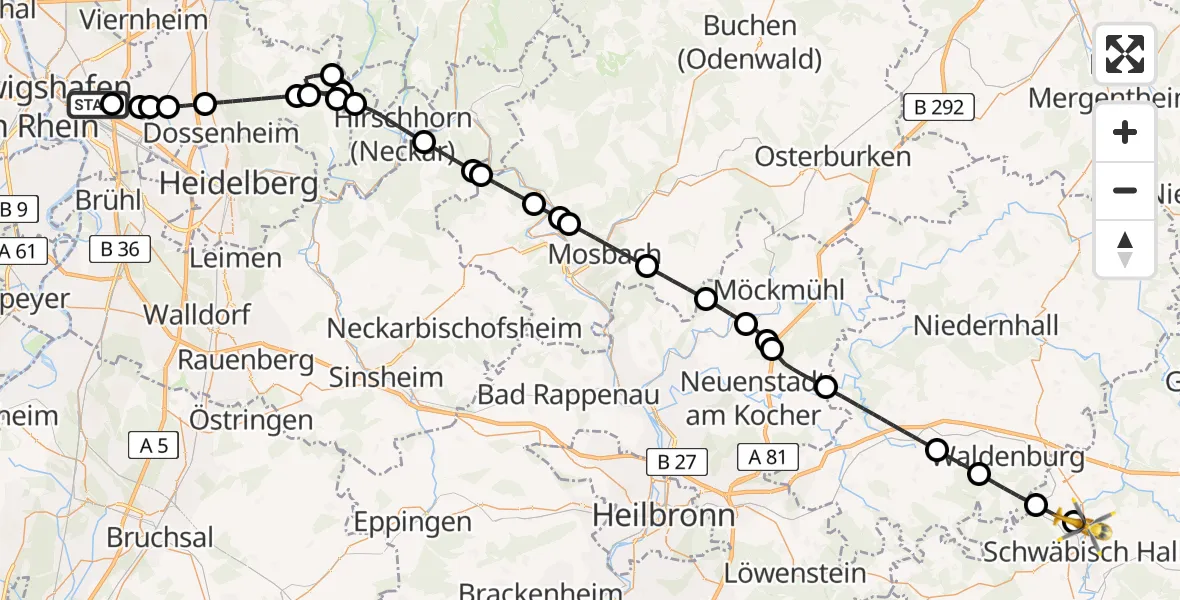 Flugroute Rettungshubschrauber Mannheim-City Flughafen - Schwäbisch Hall, 10 Mai 2026, 07:28