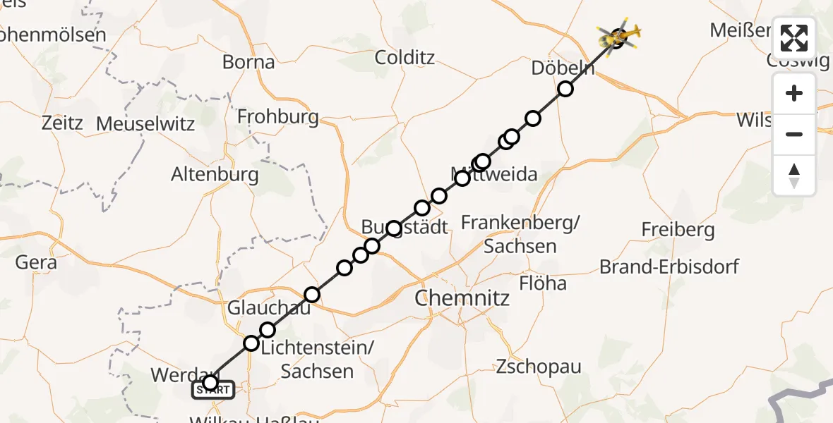 Flugroute Rettungshubschrauber ADAC Air Rescue Station Zwickau Hubschrauberlandeplatz - Döbeln, 10 Mai 2026, 07:33