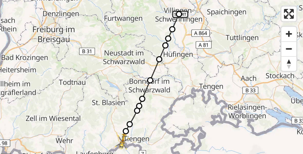 Flugroute Rettungshubschrauber DRF Air Rescue Station Villingen-Schwenningen Hubschrauberlandeplatz (Christoph 11) - Waldshut-Tiengen, 10 Mai 2026, 07:38