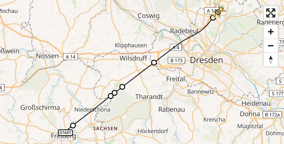 Flugroute Rettungshubschrauber Freiberg - Dresden Bundespolizei Hubschrauberlandeplatz, 10 Mai 2026, 07:40