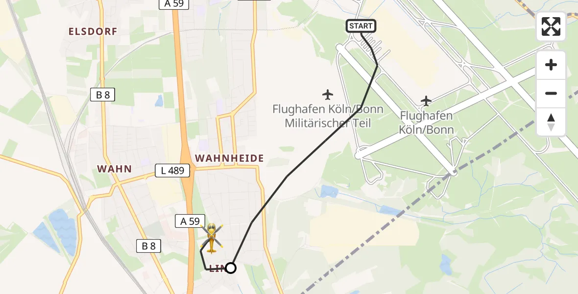Flugroute Rettungshubschrauber Köln Bonn Flughafen - Köln, 10 Mai 2026, 07:45