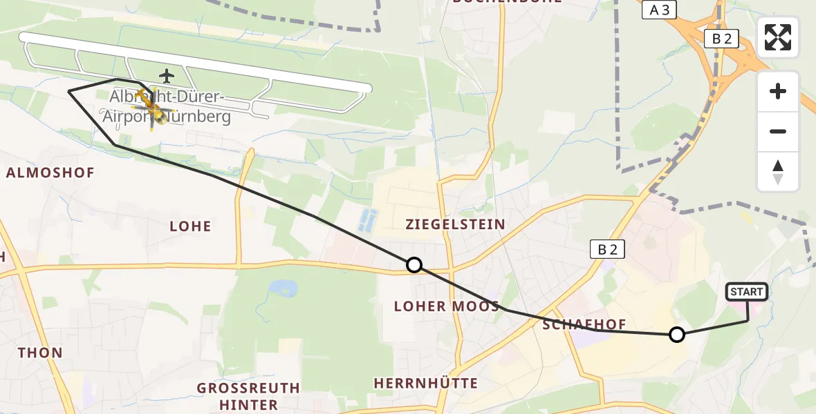 Flugroute Ambulanzhubschrauber Martha-Maria Nürnberg Hospital - Flughafen Nuremberg, 10 Mai 2026, 07:57