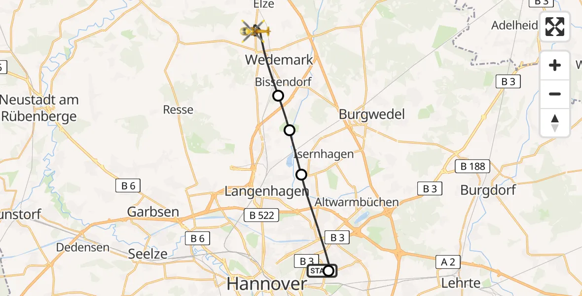 Flugroute Rettungshubschrauber Hannover Luftrettung Hubschrauberlandeplatz (Christoph 4) - Wedemark, 10 Mai 2026, 07:57