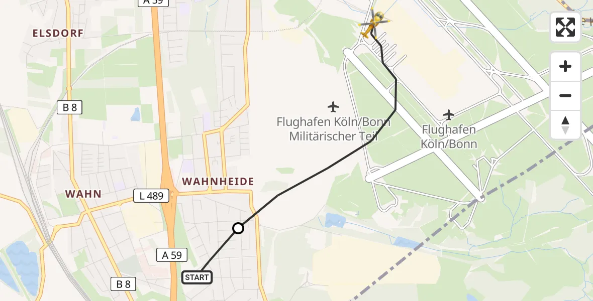 Flugroute Rettungshubschrauber Köln - Köln Bonn Flughafen, 10 Mai 2026, 08:03