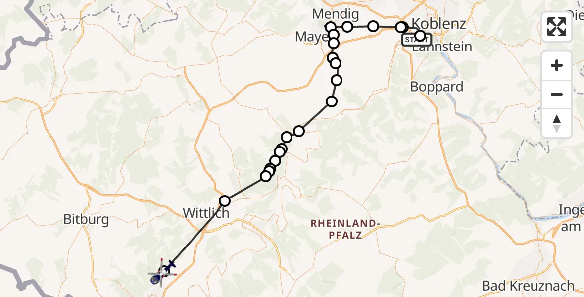 Flugroute Polizeihubschrauber Koblenz-Winningen Flugplatz - Föhren, 10 Mai 2026, 08:14