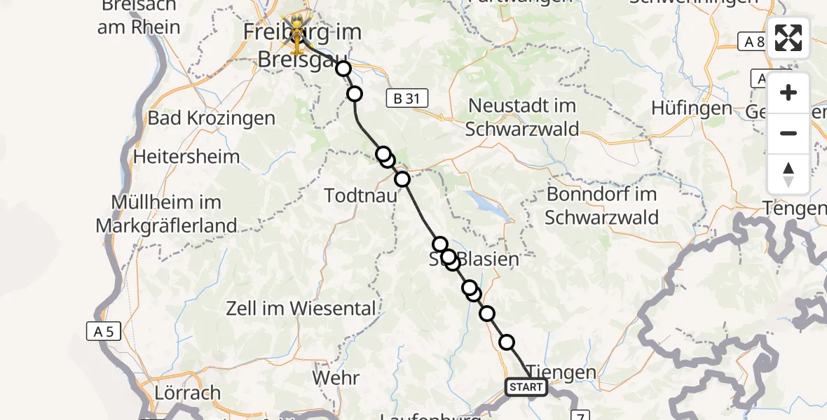 Flugroute Rettungshubschrauber Waldshut-Tiengen - Freiburg University Hospital Heliport 2, 10 Mai 2026, 08:19