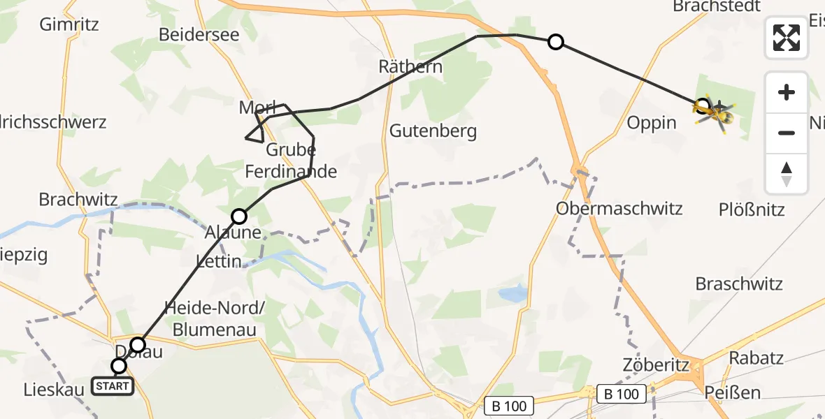Flugroute Rettungshubschrauber Martha-Maria Halle-Dölau Hospital - Halle-Oppin Flugplatz, 10 Mai 2026, 08:23