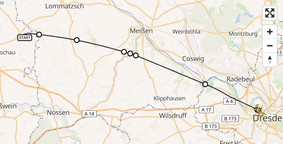 Flugroute Rettungshubschrauber Döbeln - Dresden Friedrichstadt Hospital, 10 Mai 2026, 08:26