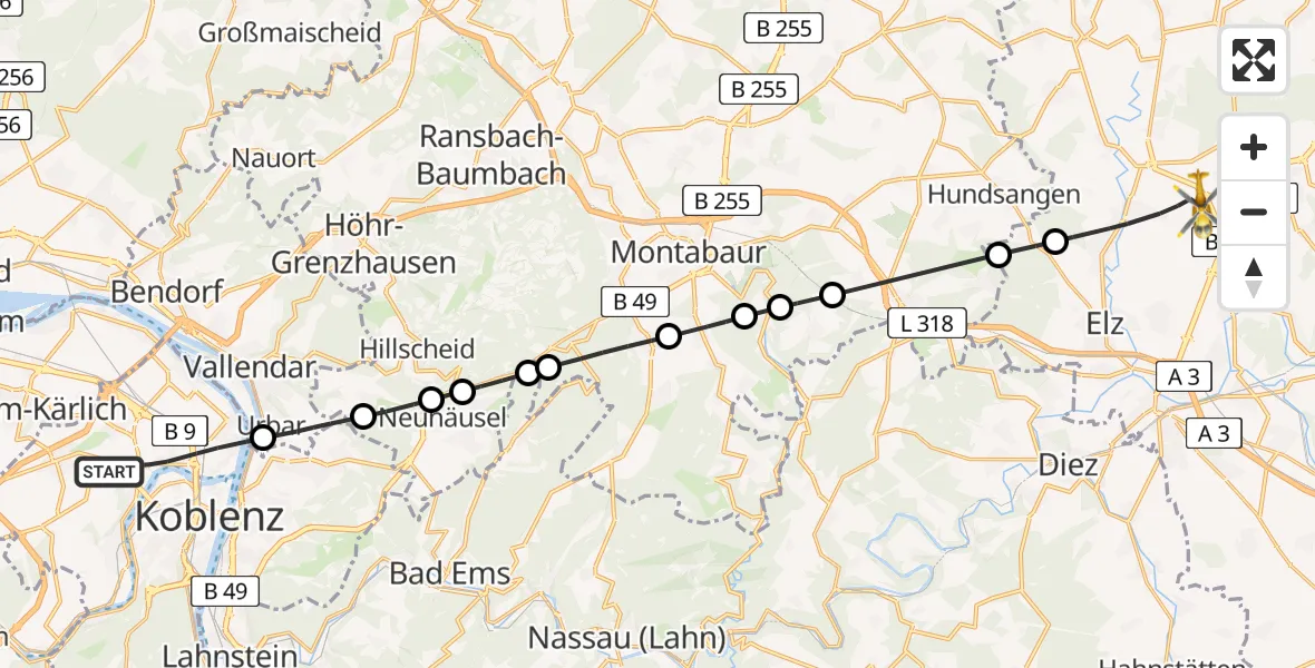 Flugroute Rettungshubschrauber Koblenz - Hadamar, 10 Mai 2026, 08:29