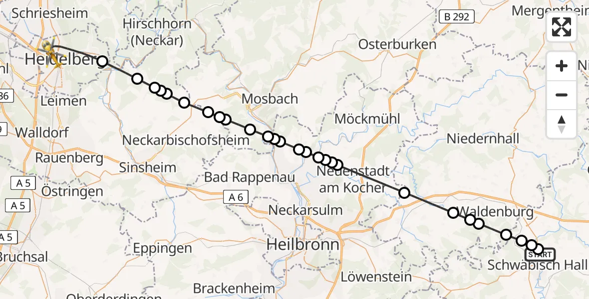 Flugroute Rettungshubschrauber Evangelisches Diakonie Hospital Schwäbisch Hall - Heidelberg, 10 Mai 2026, 08:30