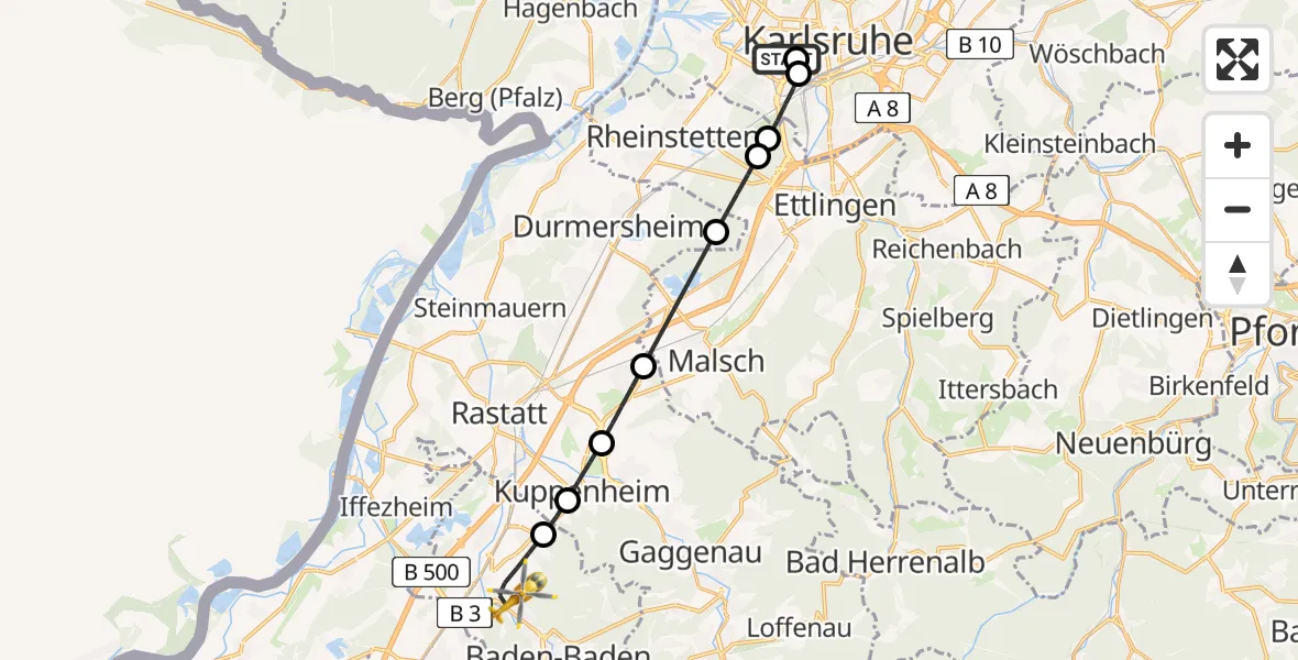 Flugroute Rettungshubschrauber Sankt Vincentius Hospital - Baden-Baden, 10 Mai 2026, 08:33