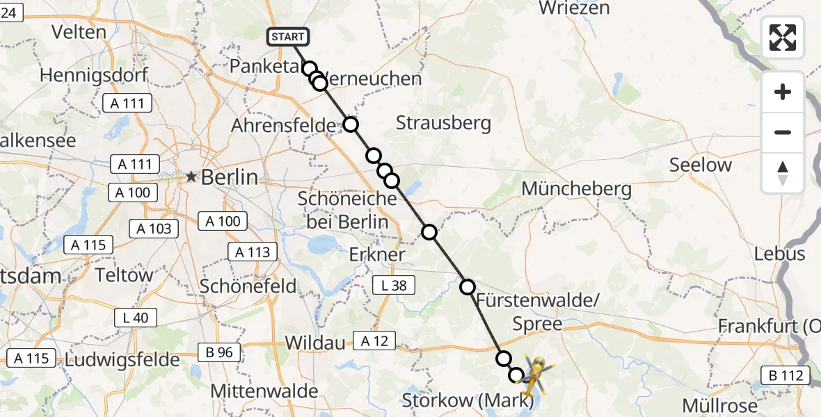 Flugroute Rettungshubschrauber Bernau bei Berlin - Bad Saarow, 10 Mai 2026, 08:37