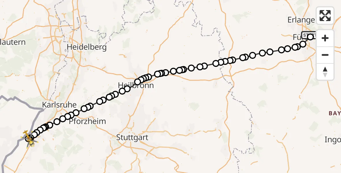 Flugroute Rettungshubschrauber Flughafen Nuremberg - Karlsruhe Baden-Baden Flughafen, 10 Mai 2026, 08:42