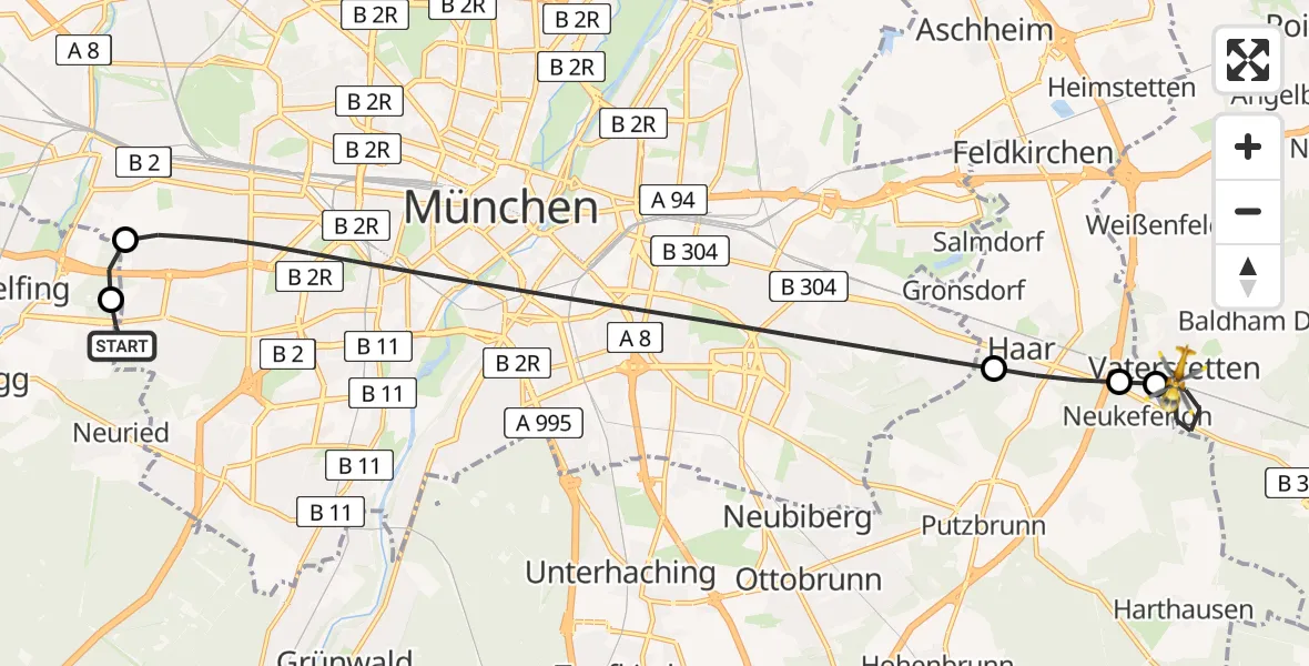 Flugroute Rettungshubschrauber DRF Air Rescue München Hubschrauberlandeplatz - Vaterstetten, 10 Mai 2026, 08:50