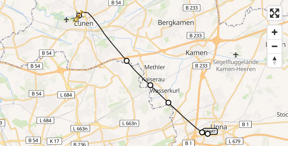 Flugroute Rettungshubschrauber Christian Hospital Unna West - Sankt Marien Hospital, 10 Mai 2026, 08:52