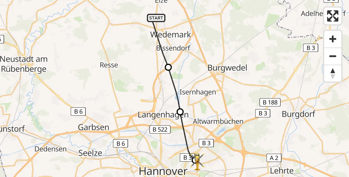 Flugroute Rettungshubschrauber Wedemark - Hannover Luftrettung Hubschrauberlandeplatz (Christoph 4), 10 Mai 2026, 09:02