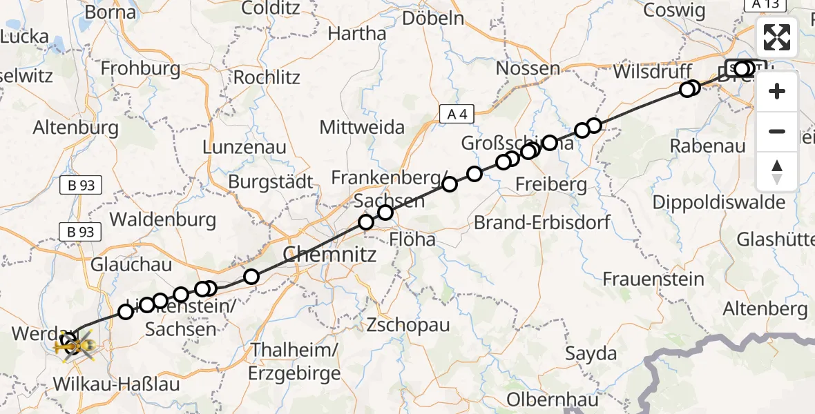Flugroute Rettungshubschrauber Dresden Friedrichstadt Hospital - ADAC Air Rescue Station Zwickau Hubschrauberlandeplatz, 10 Mai 2026, 09:02