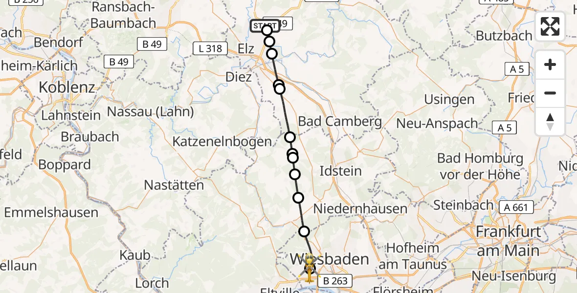 Flugroute Rettungshubschrauber Hadamar - Helios Horst Schmidt Klinik (HSK) Hubschrauberlandeplatz, 10 Mai 2026, 09:04