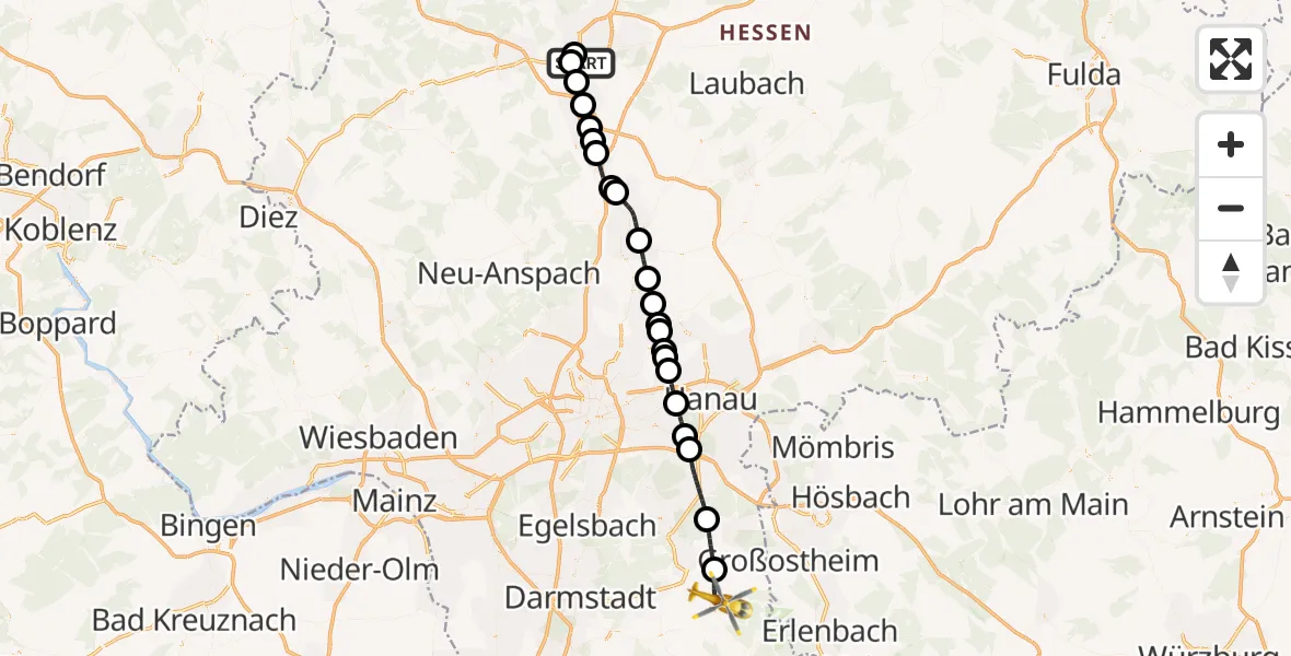 Flugroute Rettungshubschrauber Gießen - Groß-Umstadt, 10 Mai 2026, 09:10
