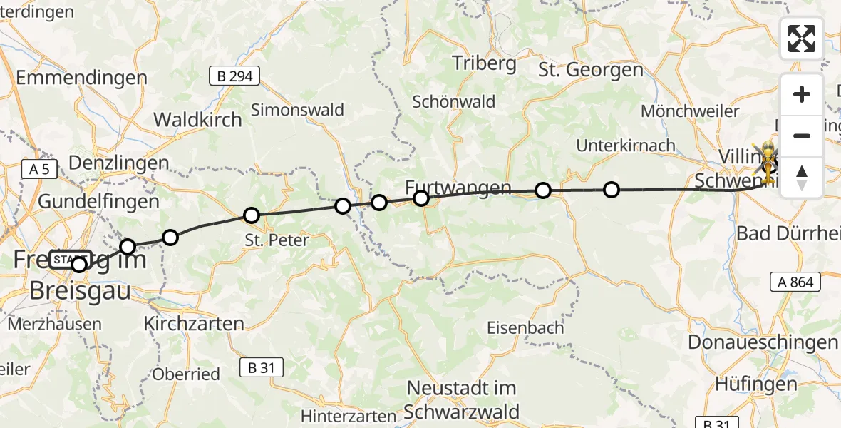 Flugroute Rettungshubschrauber Freiburg University Hospital Heliport 2 - DRF Air Rescue Station Villingen-Schwenningen Hubschrauberlandeplatz (Christoph 11), 10 Mai 2026, 09:15