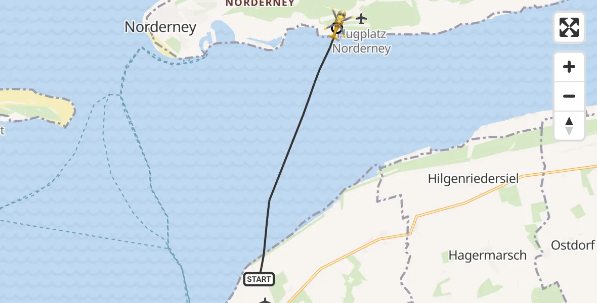 Flugroute Ambulanzhubschrauber Noordzee - Norderney Flughafen, 10 Mai 2026, 09:15
